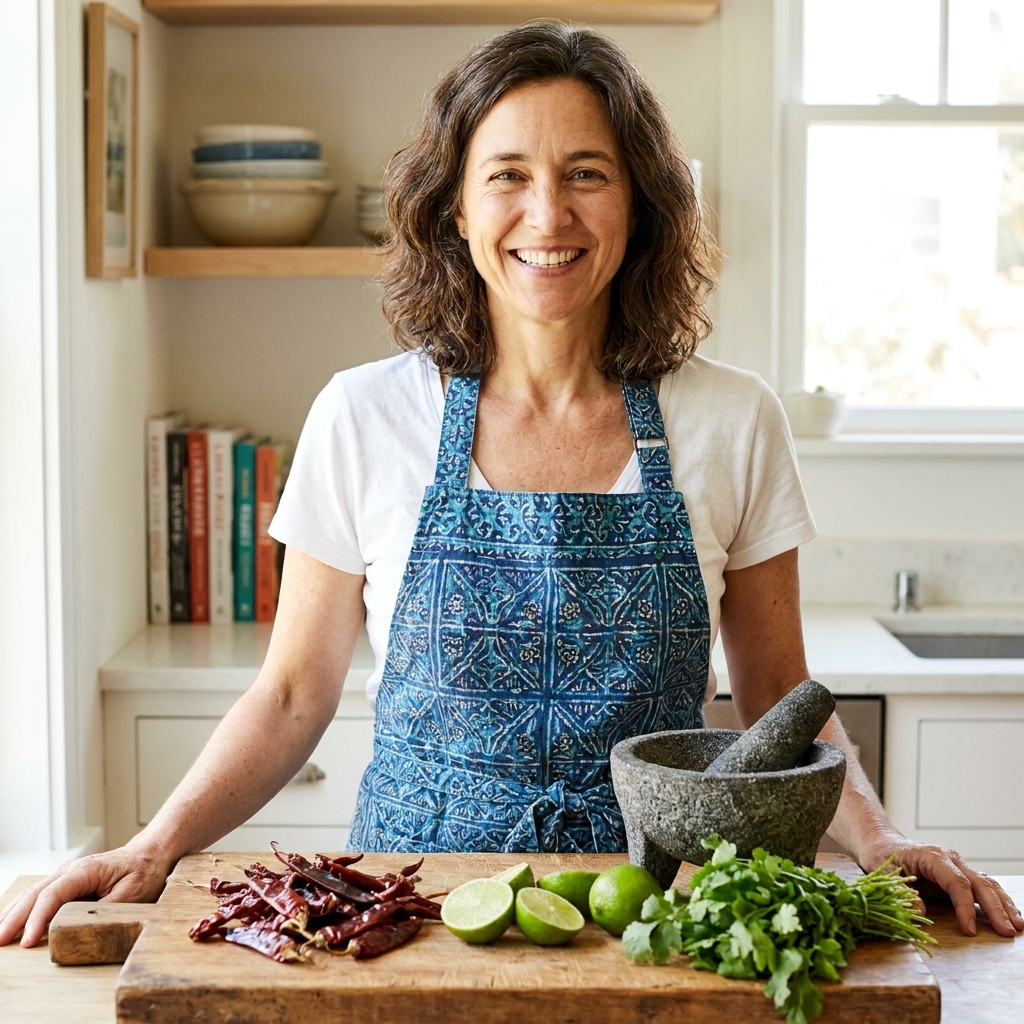 A Latina home cook smiling at a bright kitchen counter with a wooden cutting board, dried chiles, limes, cilantro, and a molcajete laid out.