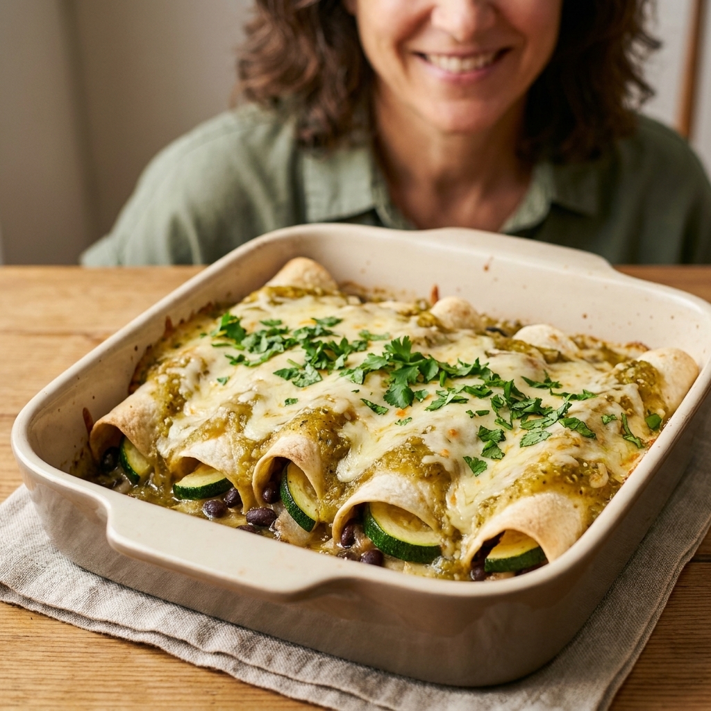 A baking dish of enchiladas filled with black beans and zucchini, covered in salsa verde and melted cheese, with fresh cilantro on top