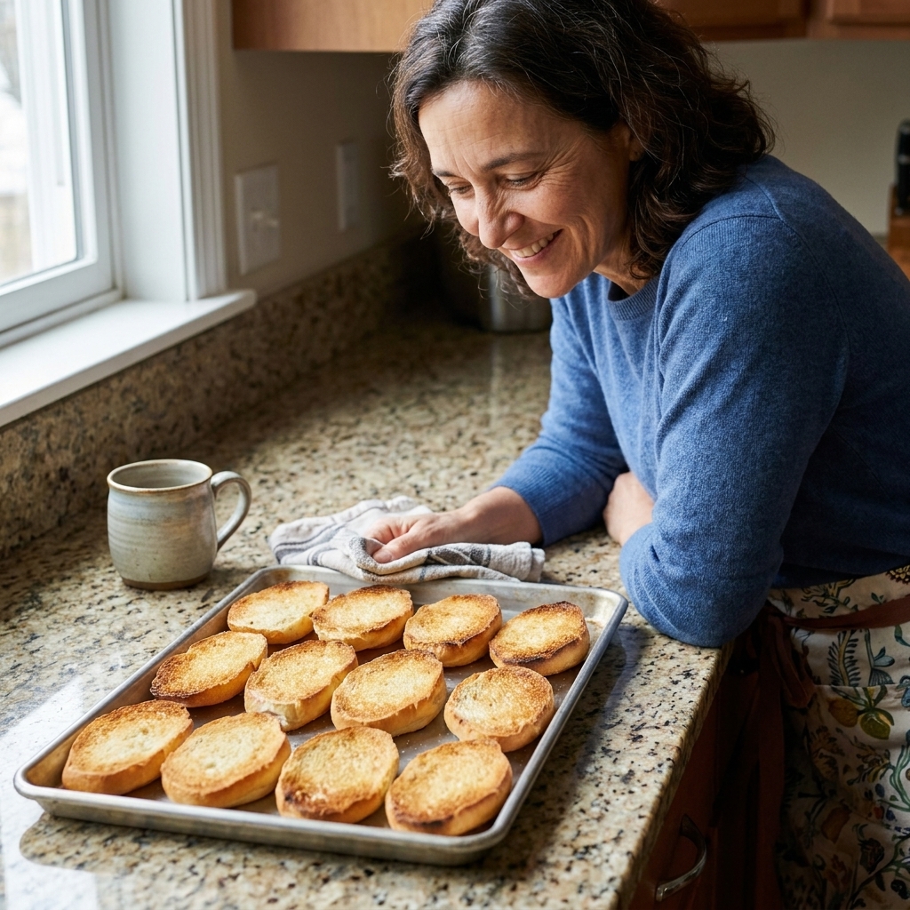 A baking sheet lined with toasted bolillo slices, golden and crisp around the edges, cooling on a kitchen counter