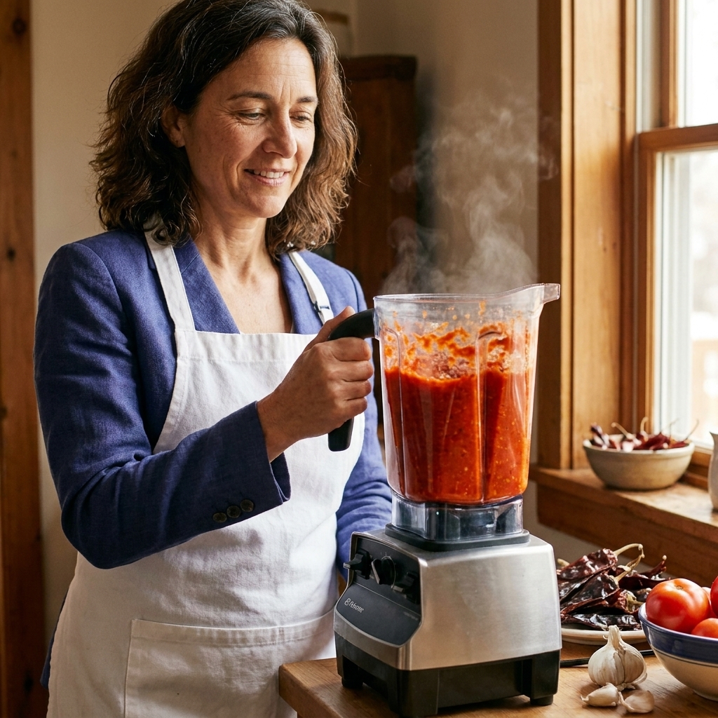 A blender jar filled with bright red chile de árbol salsa mid-blend, with steam lightly fogging the sides