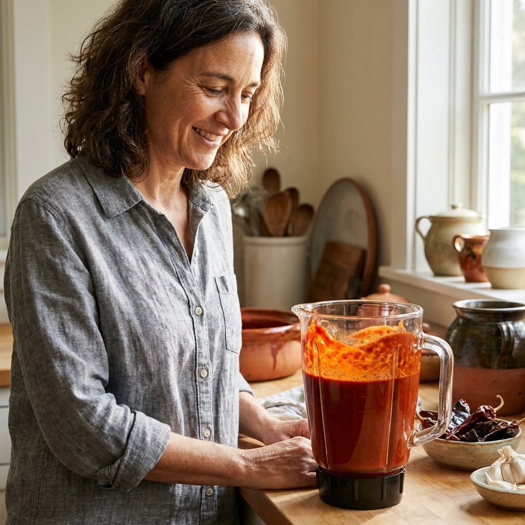 A blender jar filled with smooth red chile sauce made from guajillo and ancho chiles on a kitchen counter