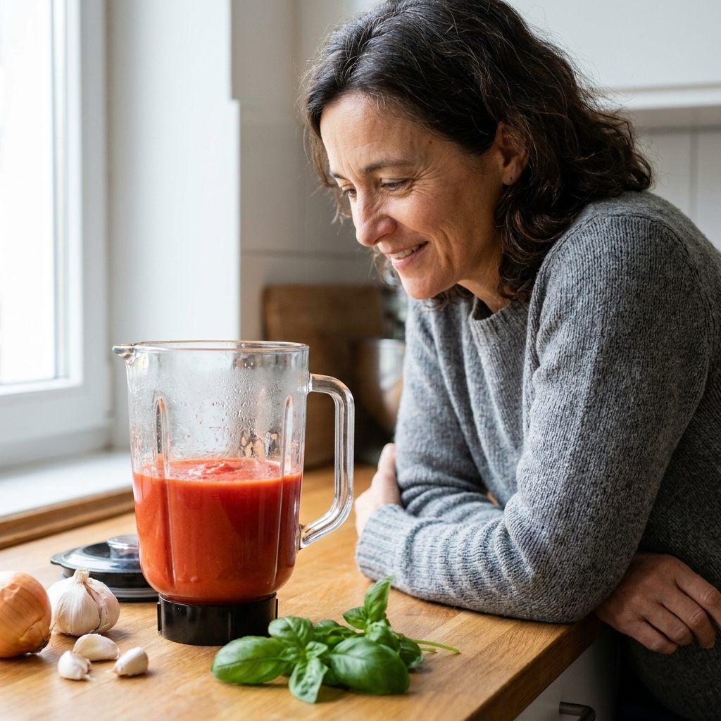 A blender jar filled with smooth red tomato puree made from tomatoes, onion, and garlic, sitting on a kitchen counter