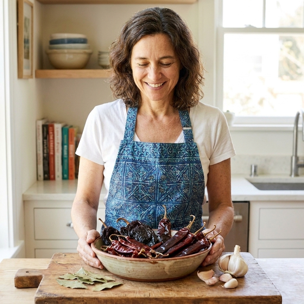 A bowl filled with dried Mexican chiles like guajillo and ancho on a kitchen counter beside garlic and bay leaves.