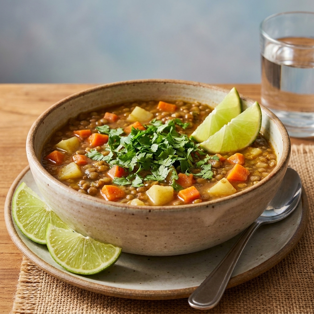 A bowl of Mexican lentil soup with diced carrots and potatoes, topped with chopped cilantro and served with lime wedges