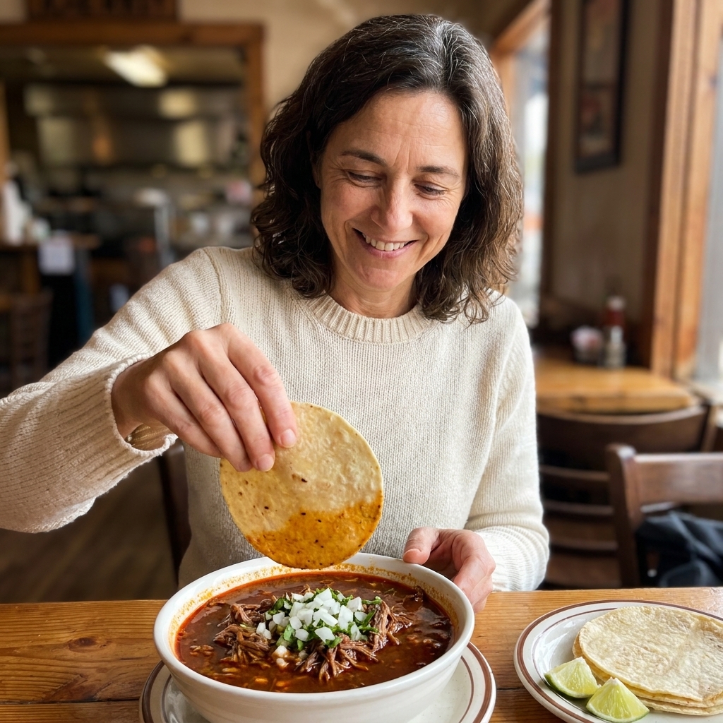 A bowl of birria consommé with shredded beef in a deep red broth, topped with chopped onion and cilantro, with warm tortillas on the side
