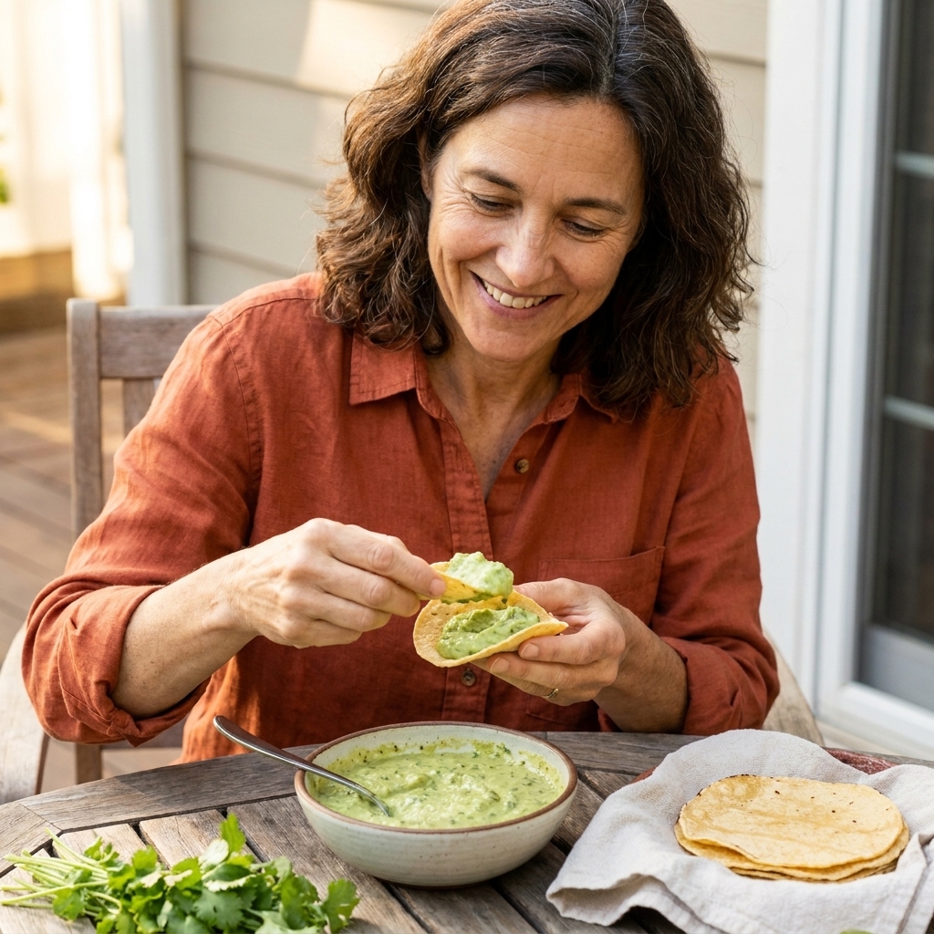A bowl of creamy pale-green avocado salsa verde with a spoon resting inside, set beside warm corn tortillas and cilantro sprigs