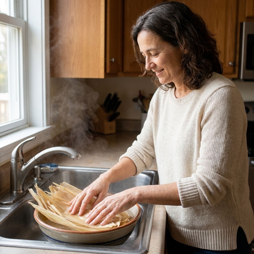A bowl of dried corn husks soaking in warm water in a home kitchen sink