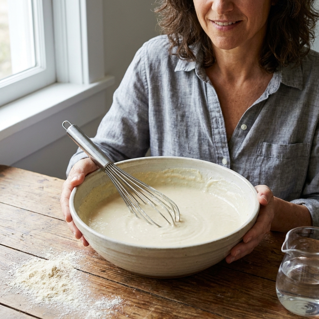 A bowl of masa harina mixed with cold water, whisked until smooth and pourable.