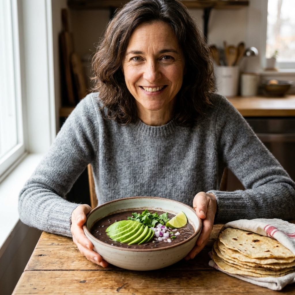 A bowl of smoky black bean soup garnished with avocado slices, cilantro, red onion, and a squeeze of lime, with warm tortillas nearby
