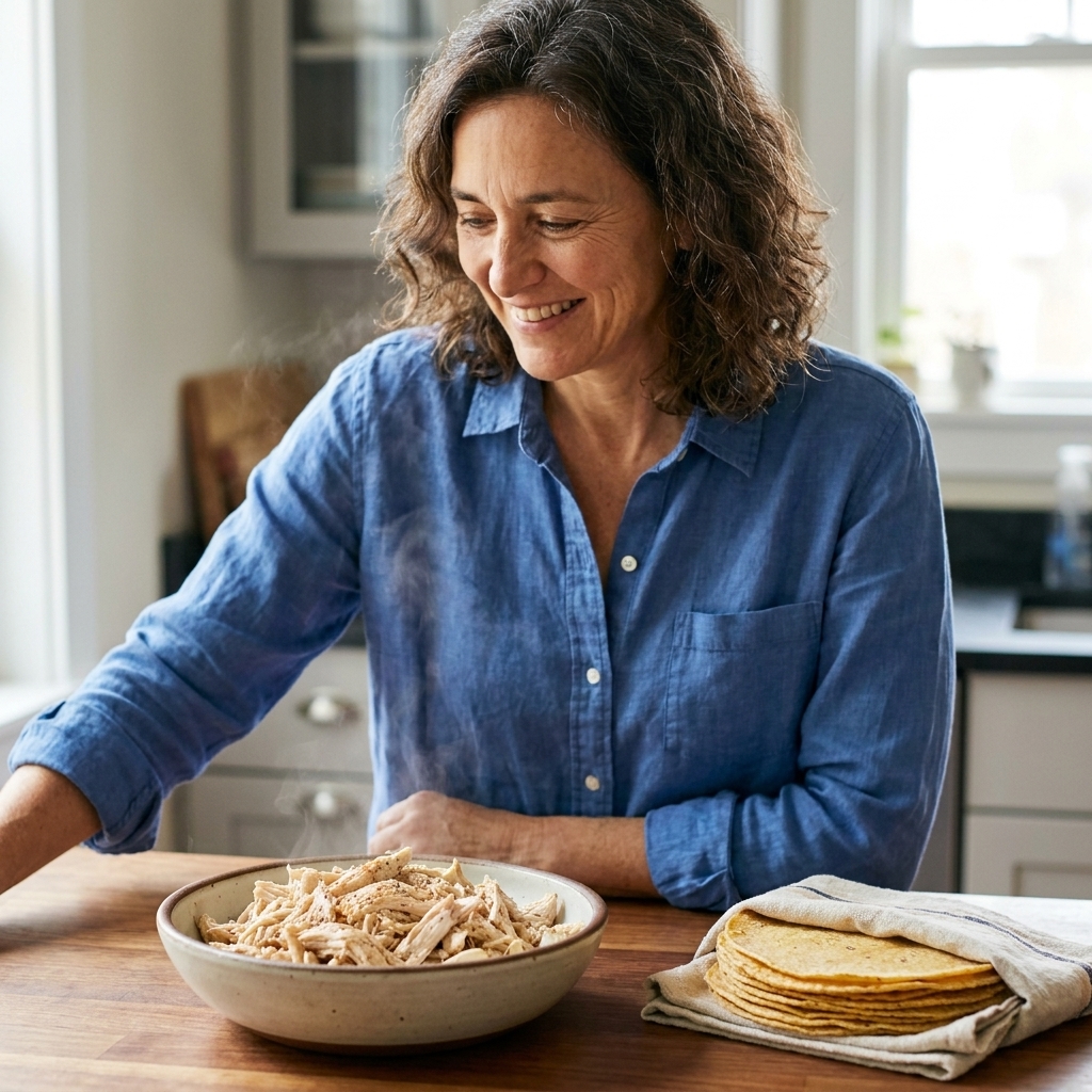 A bowl of tender shredded chicken seasoned lightly, sitting next to a stack of warm corn tortillas on a kitchen counter