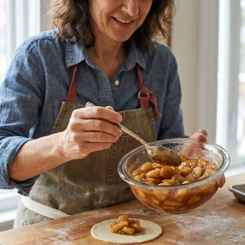 A bowl of thick apple cinnamon filling with tender apple cubes coated in glossy syrup, ready to spoon into empanada dough
