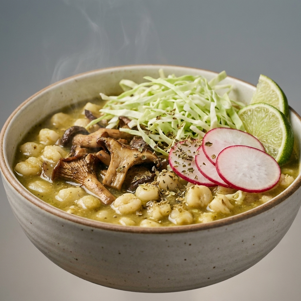 A bowl of vegan pozole verde with hominy and sautéed mushrooms, topped with shredded cabbage, sliced radishes, oregano, and lime wedges