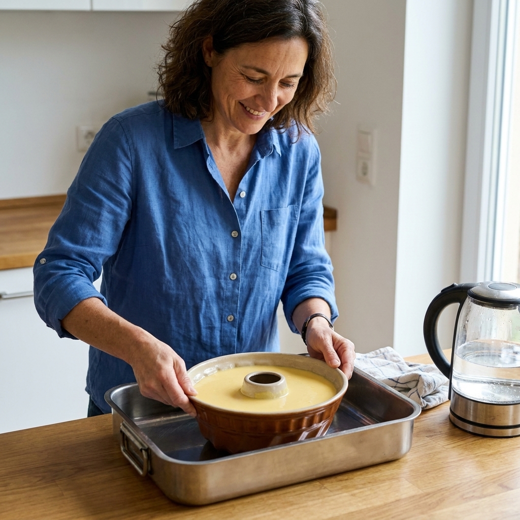 A bundt pan filled with custard sitting inside a large roasting pan ready for a hot water bath