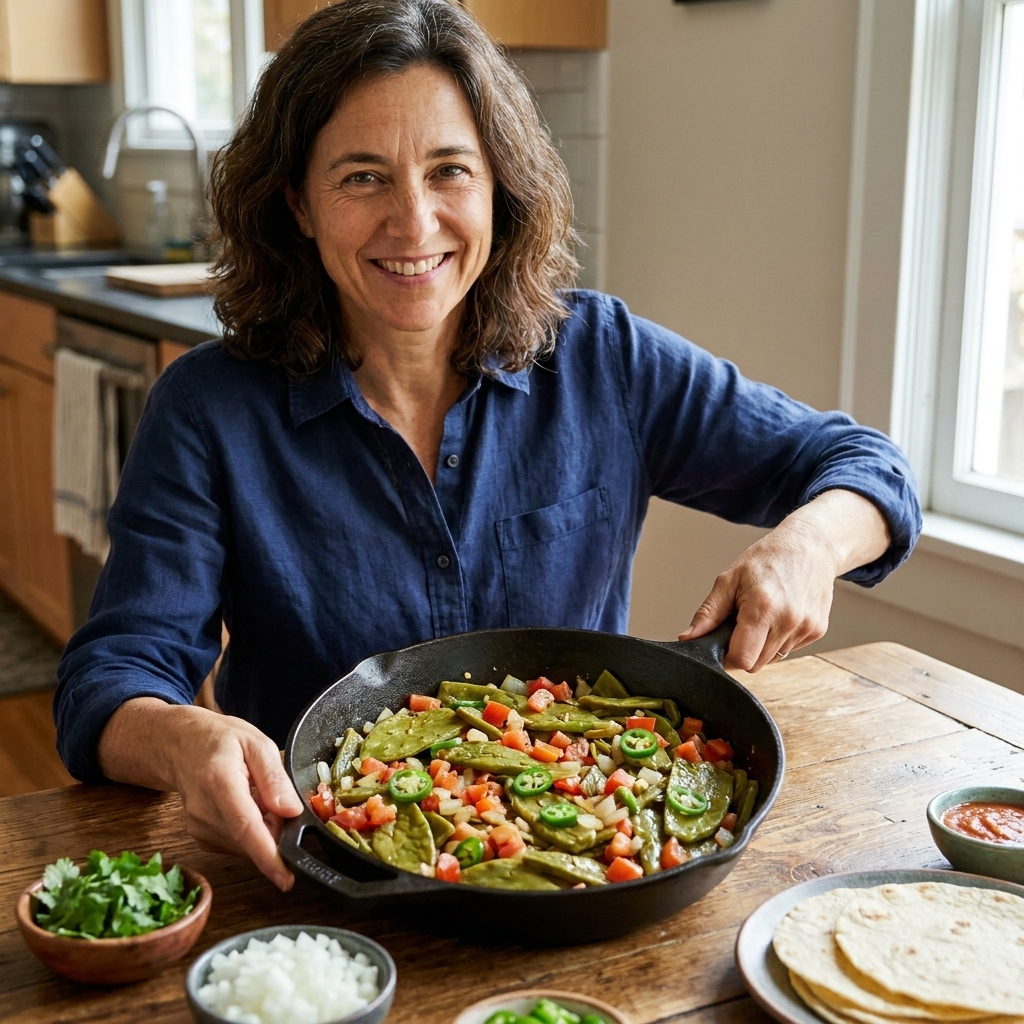 A cast iron skillet filled with sautéed nopales, diced tomatoes, onions, and serrano chile, served family-style