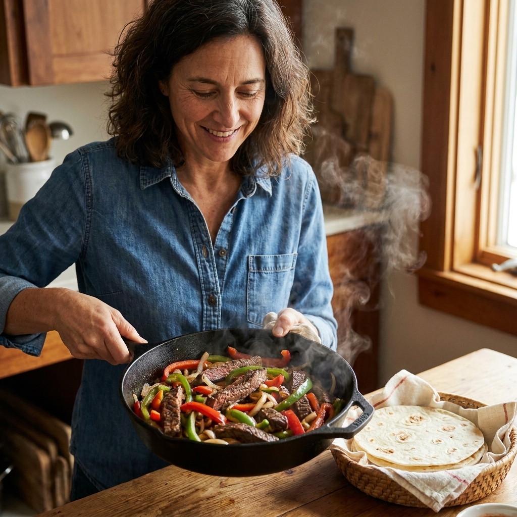 A cast-iron skillet filled with sizzling steak strips, sautéed bell peppers, and onions with warm tortillas nearby