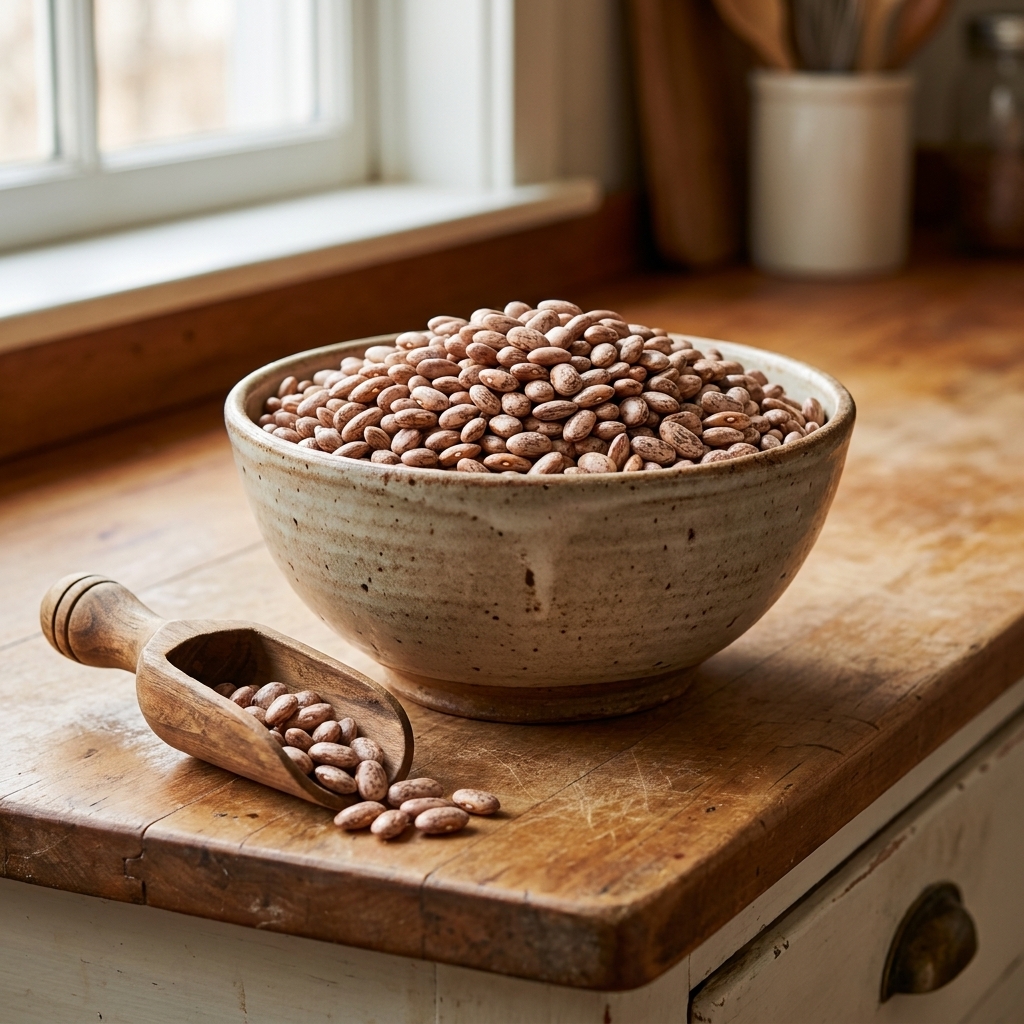A ceramic bowl filled with dry pinto beans on a kitchen counter with a wooden scoop beside it