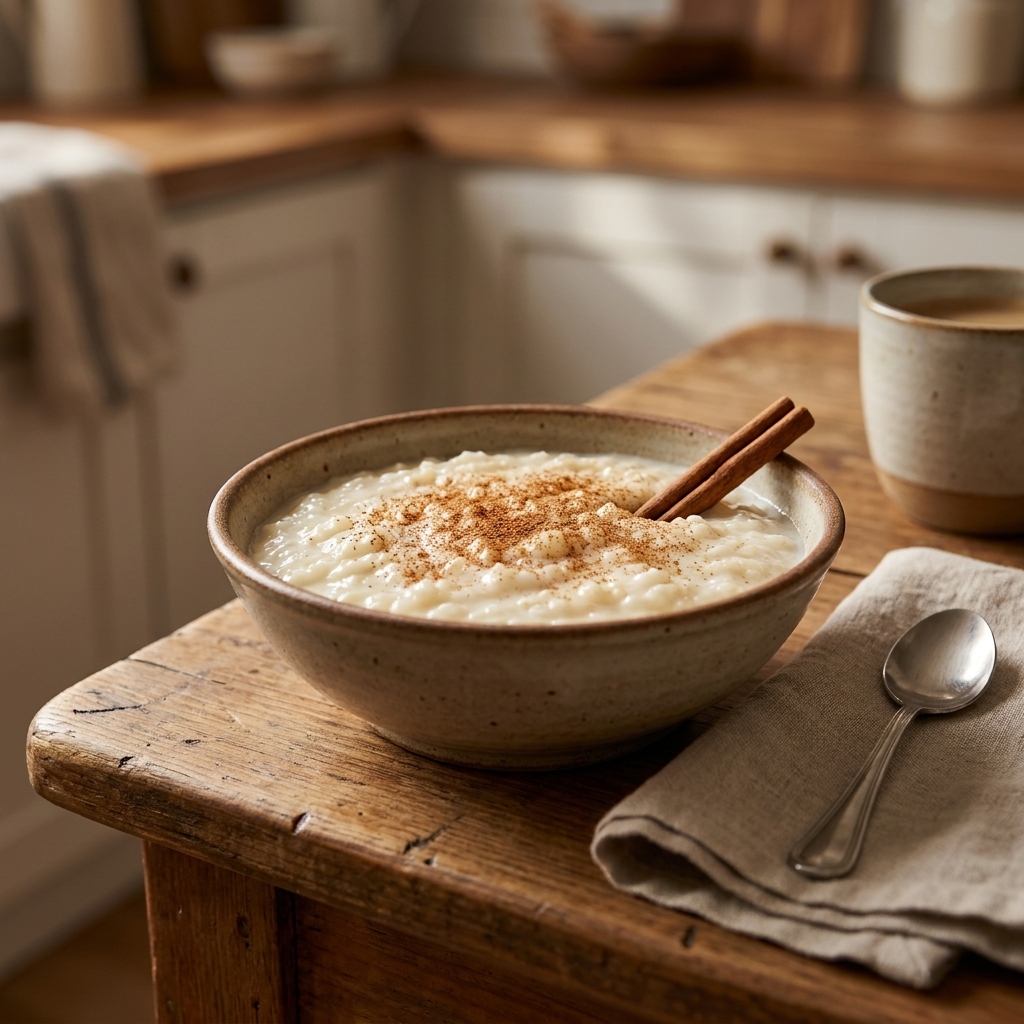 A ceramic bowl of arroz con leche topped with a light dusting of ground cinnamon on a wooden table, warm and inviting
