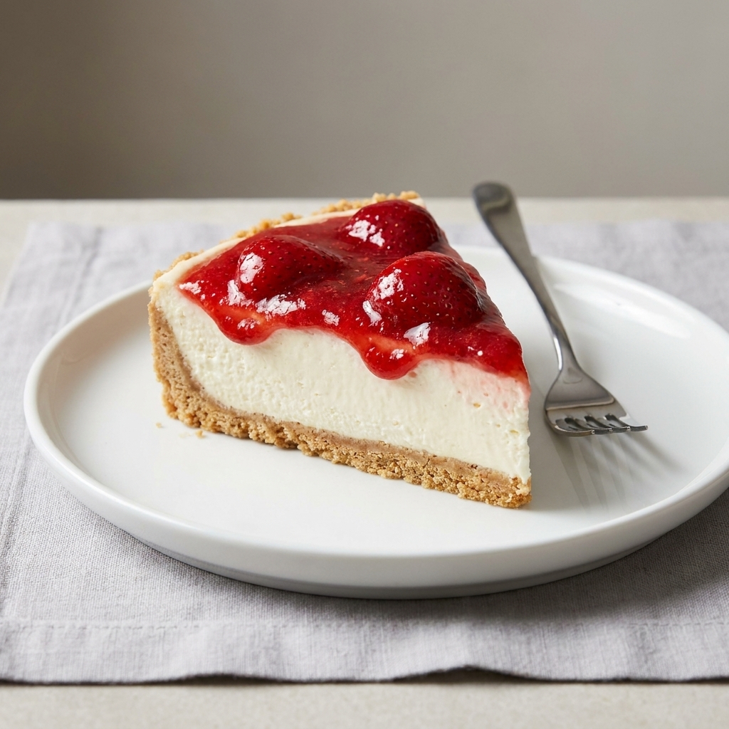 A chilled no-bake pay de queso slice with a Maria cookie crust and a glossy strawberry topping on a dessert plate