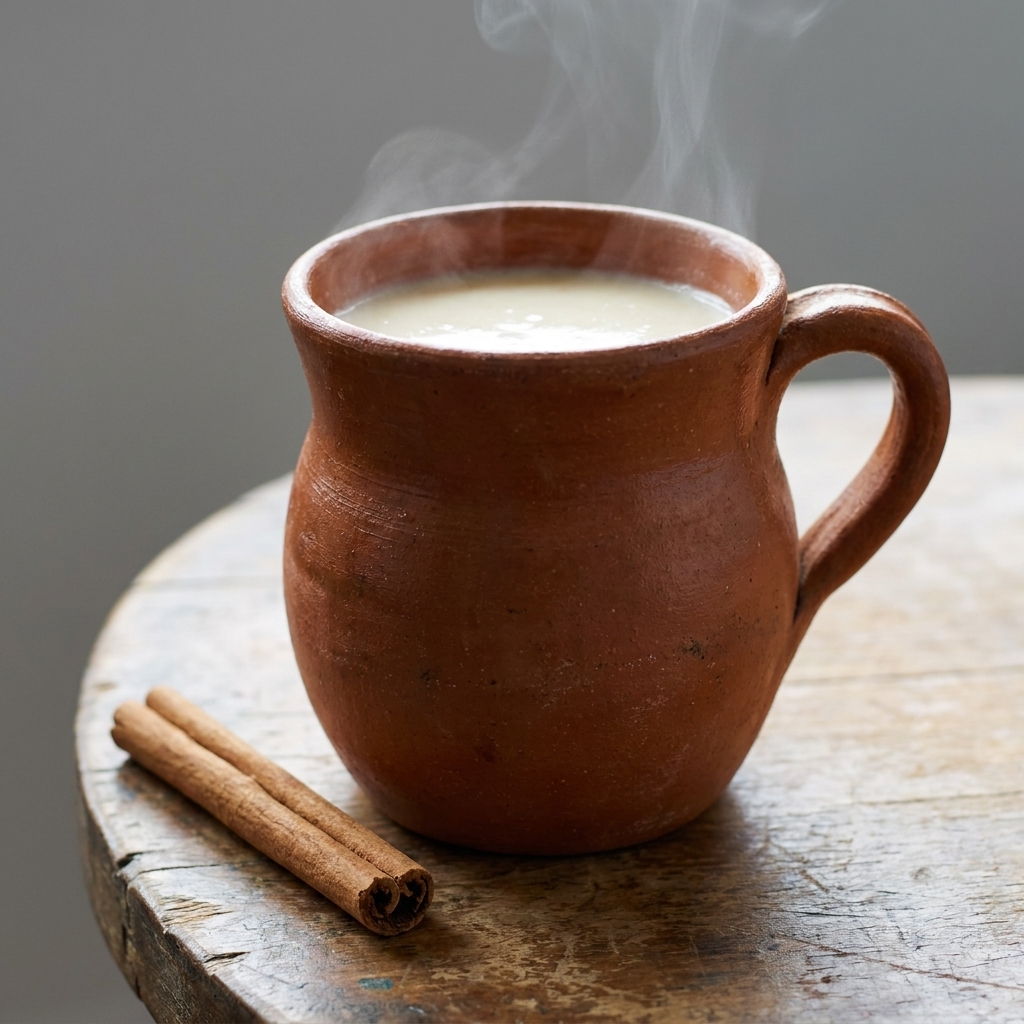 A clay mug filled with creamy vanilla atole with steam rising and a cinnamon stick beside it.