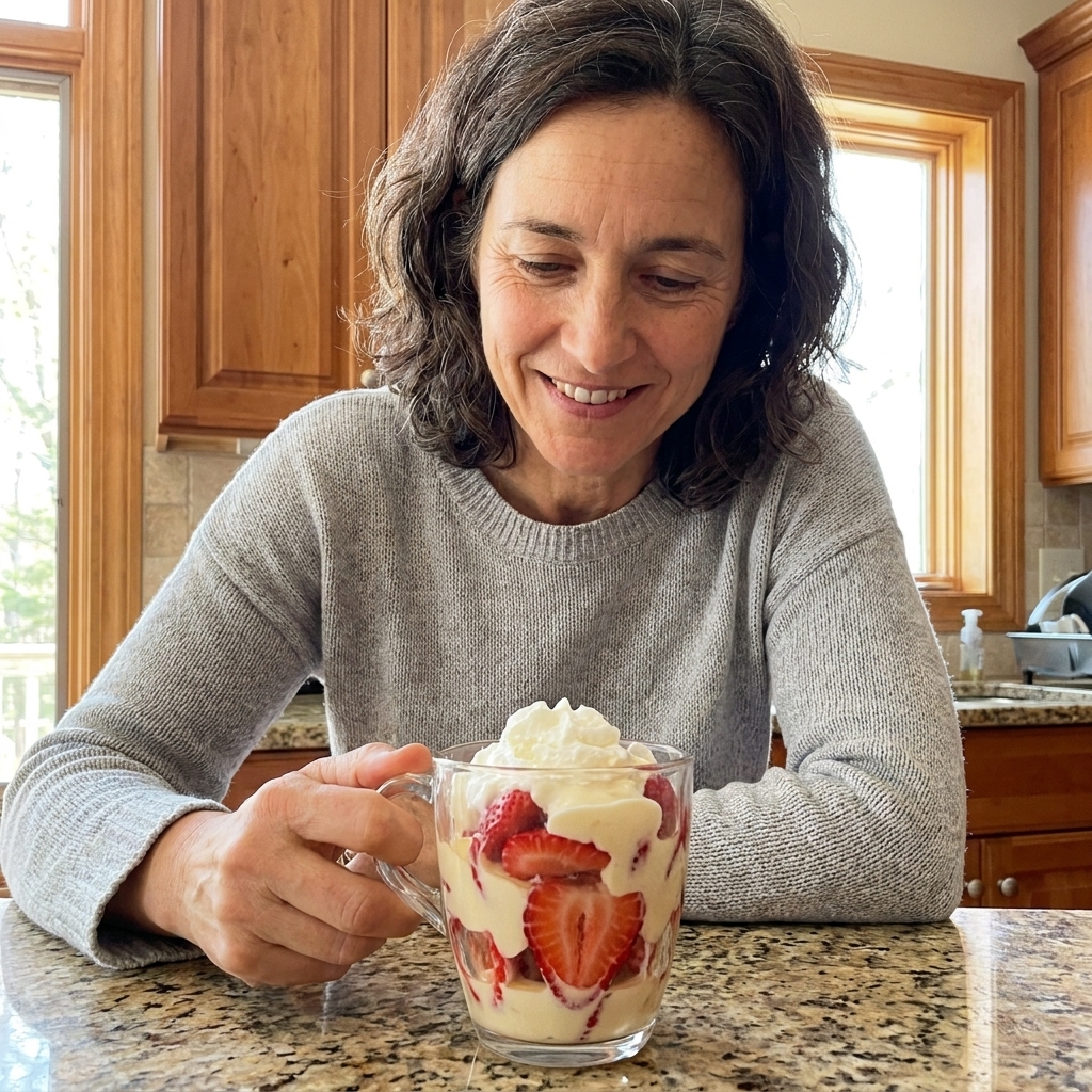 A clear glass cup filled with Fresas con Crema, showing sliced strawberries coated in creamy sweet sauce on a kitchen counter