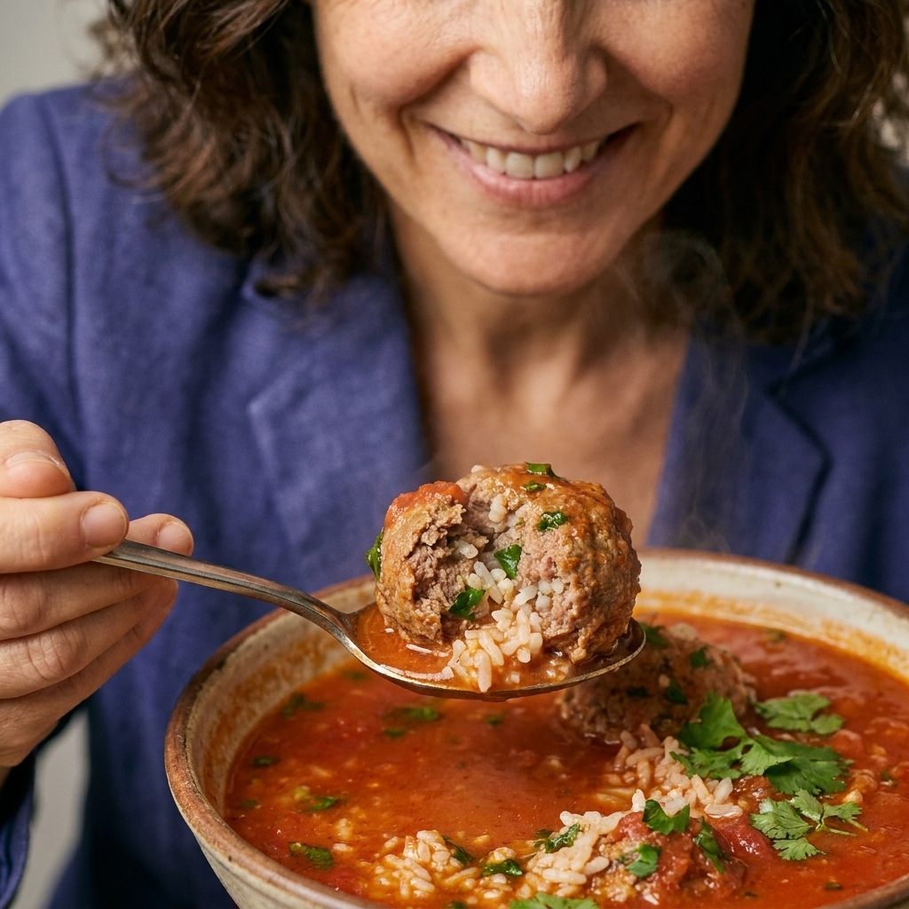 A close-up spoon lifting a tender rice-stuffed albóndiga from tomato broth with visible rice grains and chopped herbs