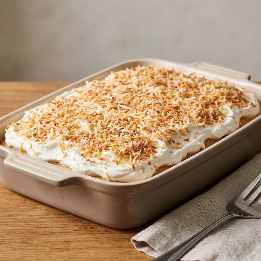A coconut tres leches cake in a baking dish topped with whipped cream and a generous layer of toasted shredded coconut