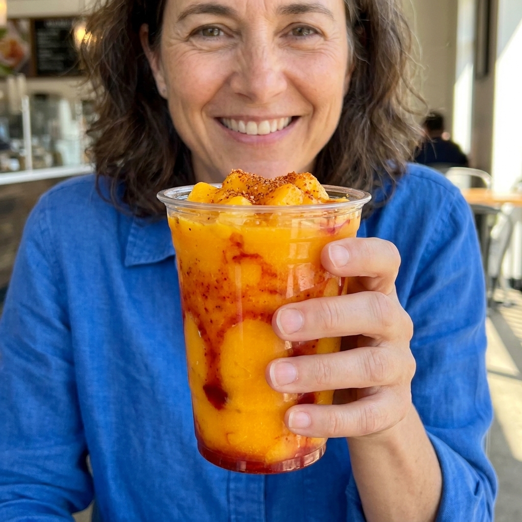 A cold mangonada in a clear cup with bright mango pulp, chamoy drips along the inside, and Tajín dusted over the top