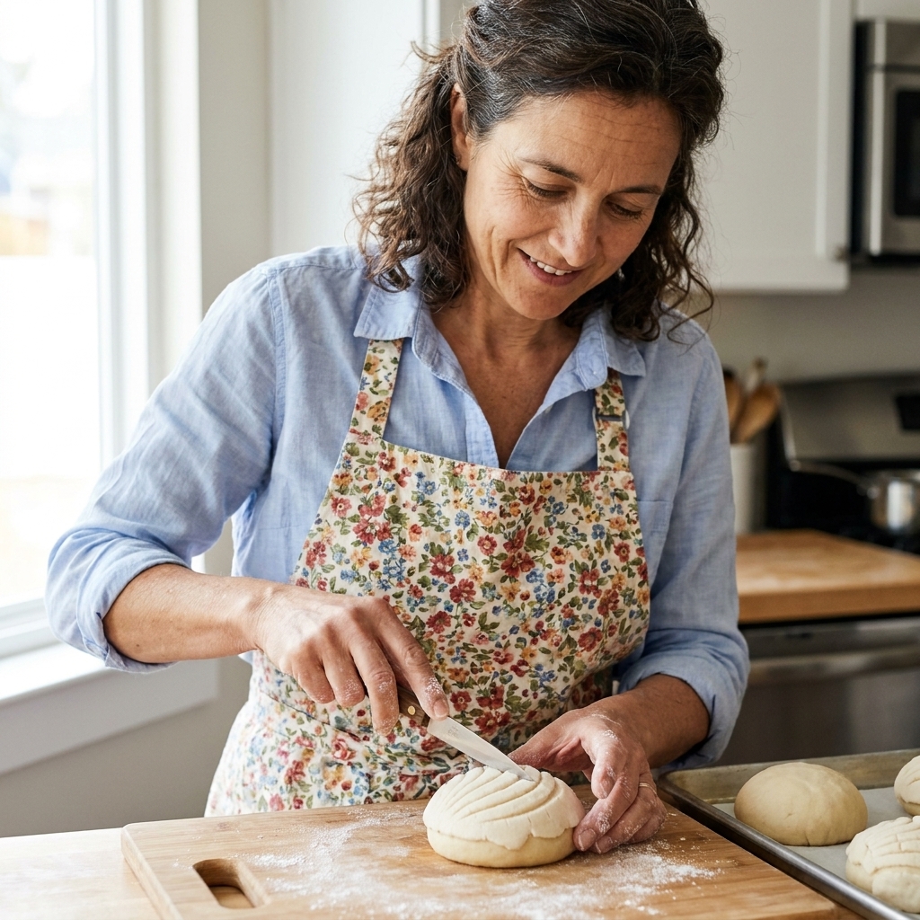 A concha being scored with a paring knife into a shell pattern before baking, with the sugar topping already pressed on