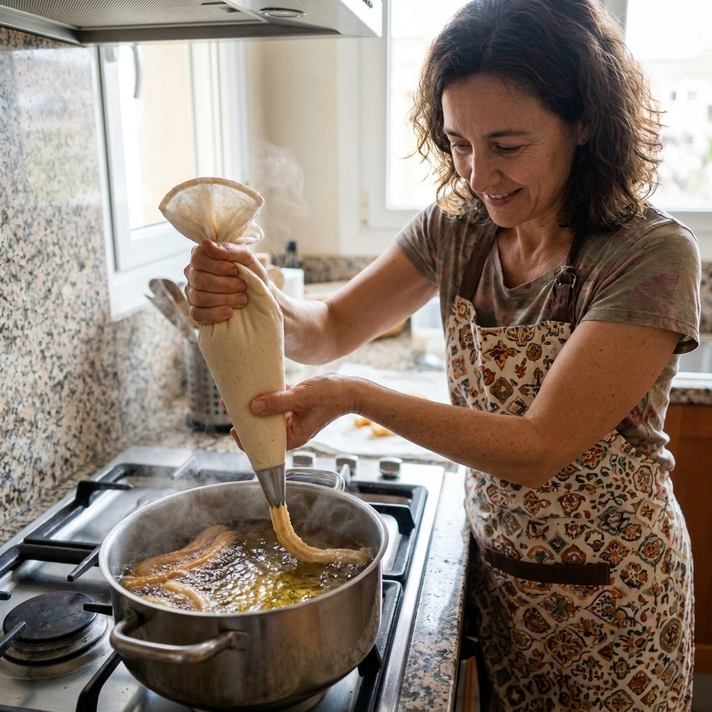 A cook piping churro dough from a pastry bag with a star tip into a pot of hot oil on the stove