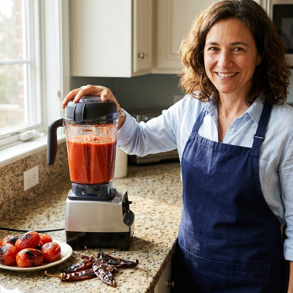 A countertop blender filled with a smooth red tomato and dried chile puree, with charred tomatoes and toasted dried chiles nearby