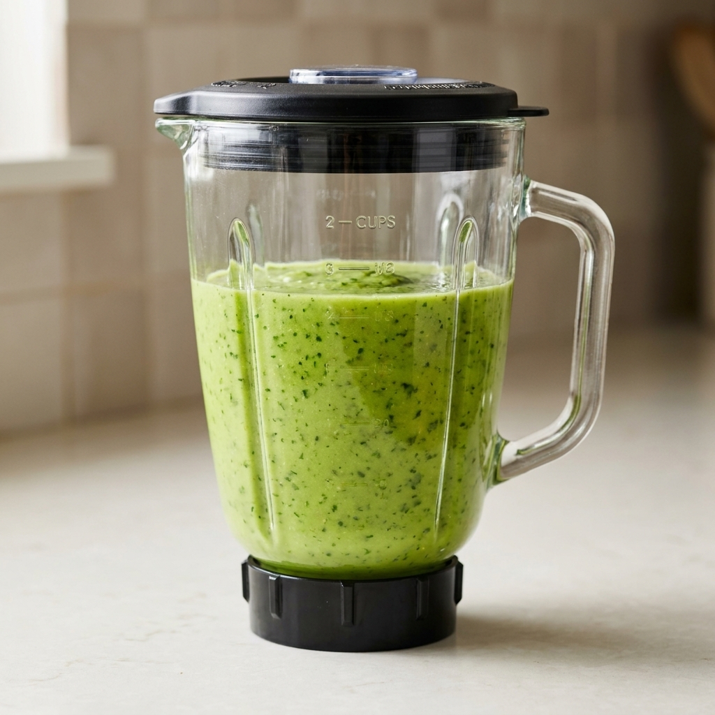 A countertop blender jar filled with smooth bright green tomatillo chile sauce, freshly blended with visible flecks of cilantro