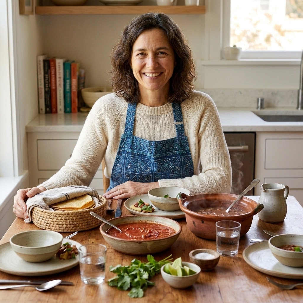 A cozy dinner table set with warm tortillas, a bowl of red salsa, a pot of beans, and plates ready for serving.