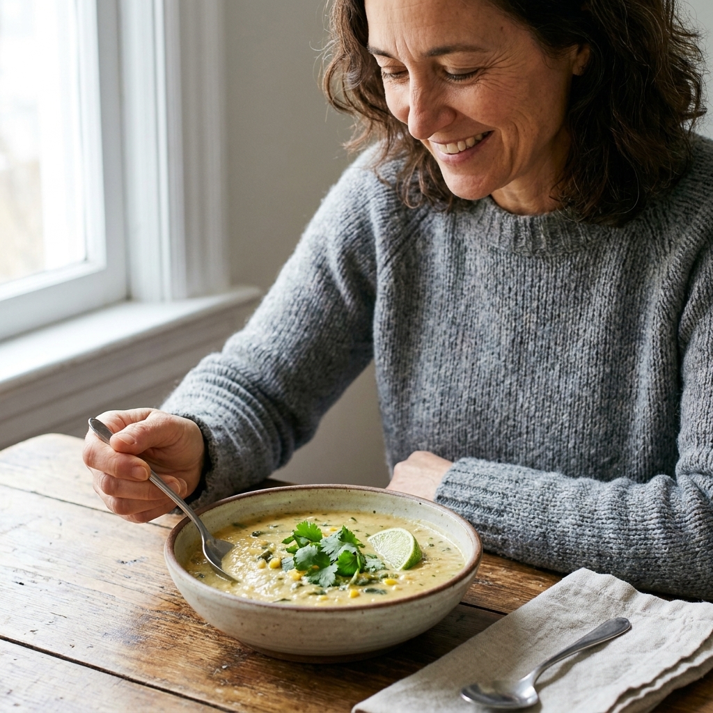 A creamy vegan roasted poblano and corn soup in a ceramic bowl, garnished with cilantro and a lime wedge