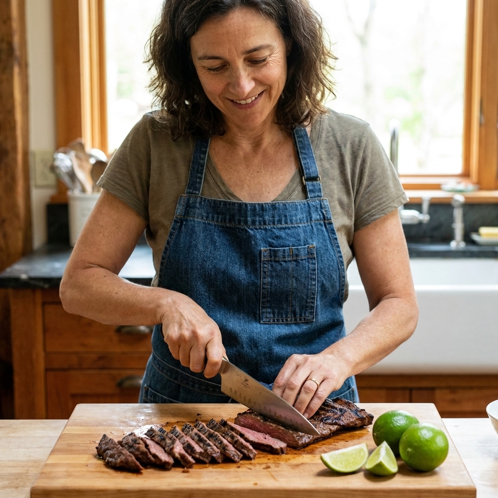 A cutting board with rested grilled skirt steak being sliced into thin strips against the grain, with a chef's knife and lime wedges nearby
