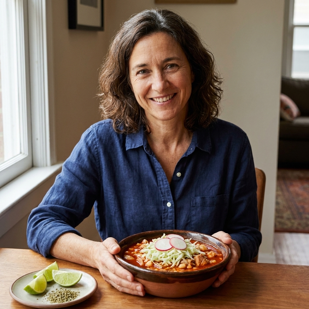 A deep bowl of pozole rojo with tender pork and hominy in a red chile broth, topped with shredded cabbage and sliced radishes, with lime wedges nearby