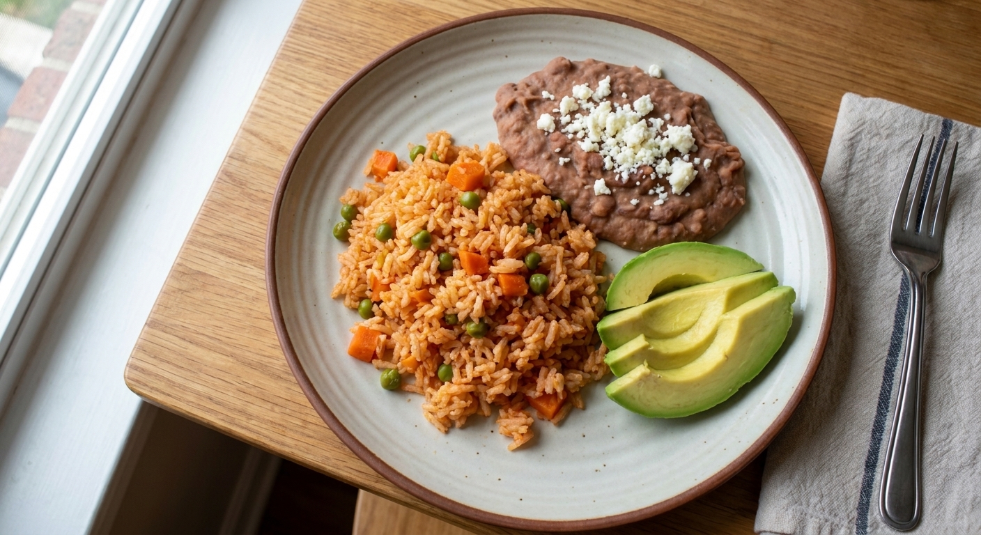 A dinner plate with a scoop of Mexican red rice next to refried beans and sliced avocado, set on a simple kitchen table