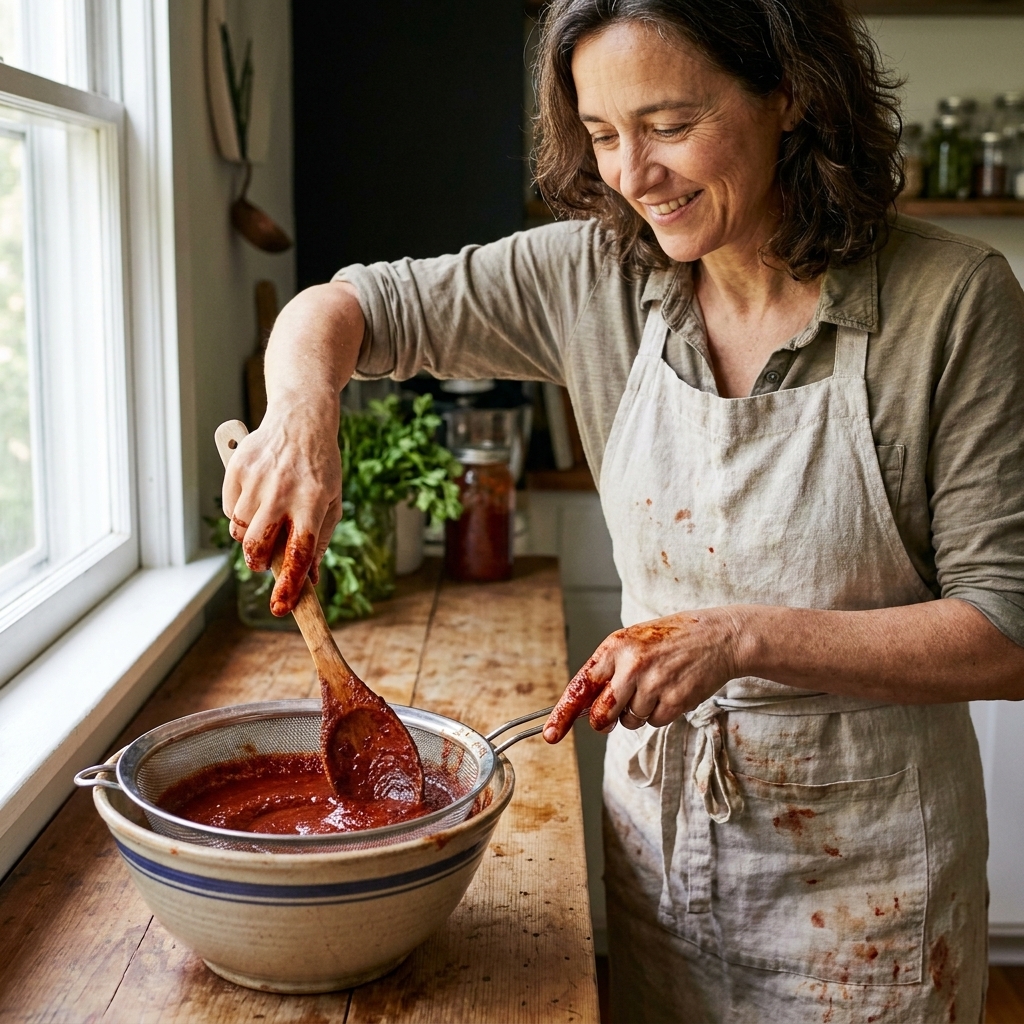A fine-mesh sieve set over a bowl as deep red blended chile sauce is pressed through with a spoon