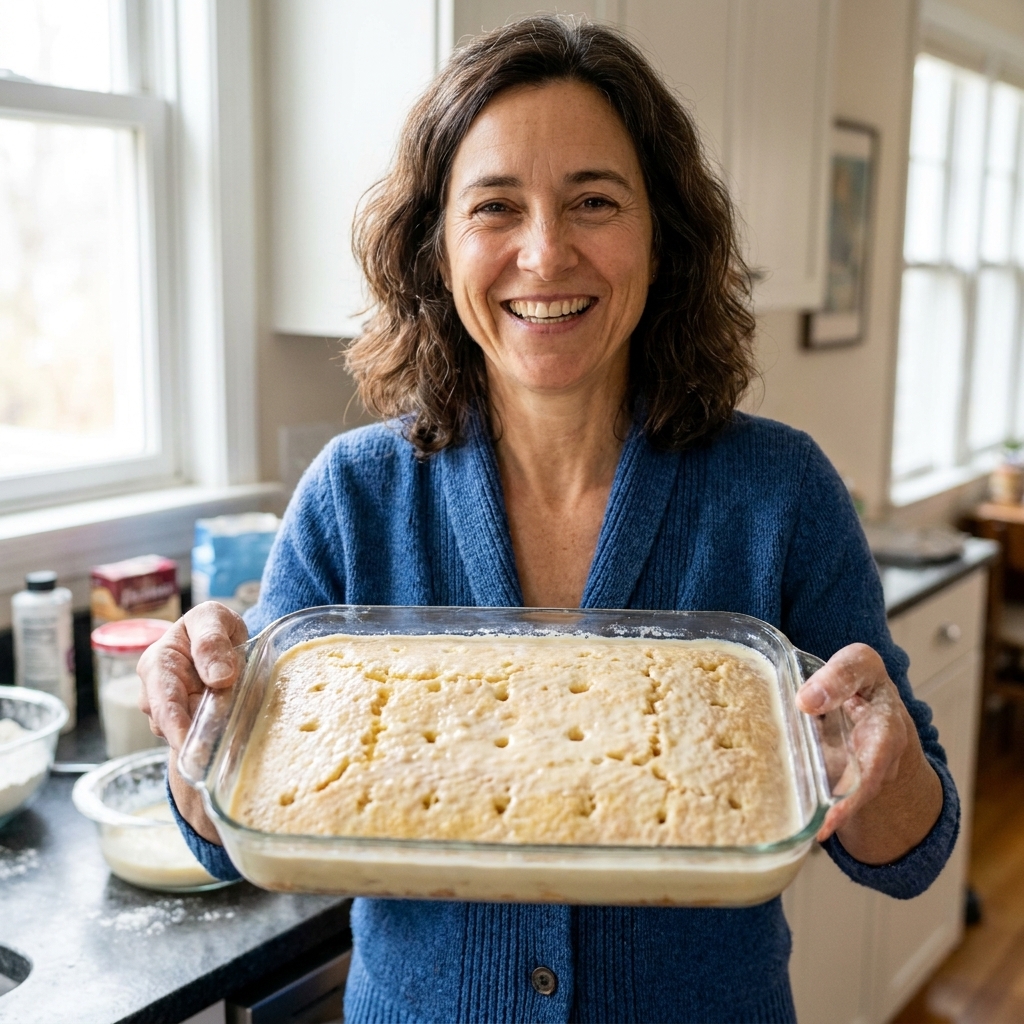 A freshly soaked tres leches cake in a glass baking dish, with visible fork holes across the surface