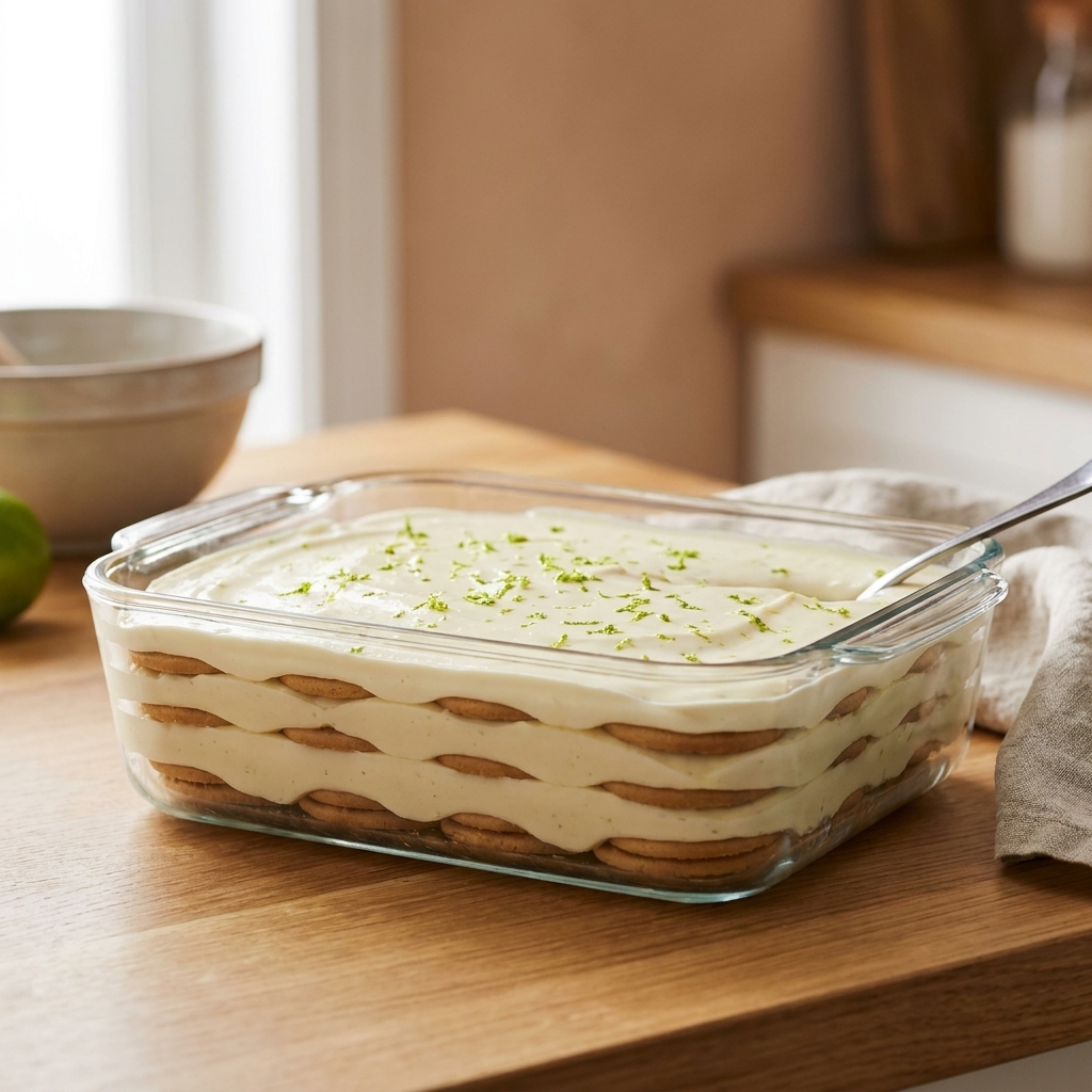 A glass baking dish filled with Carlota de Limón, showing neat layers of Maria cookies and pale lime cream, ready to chill