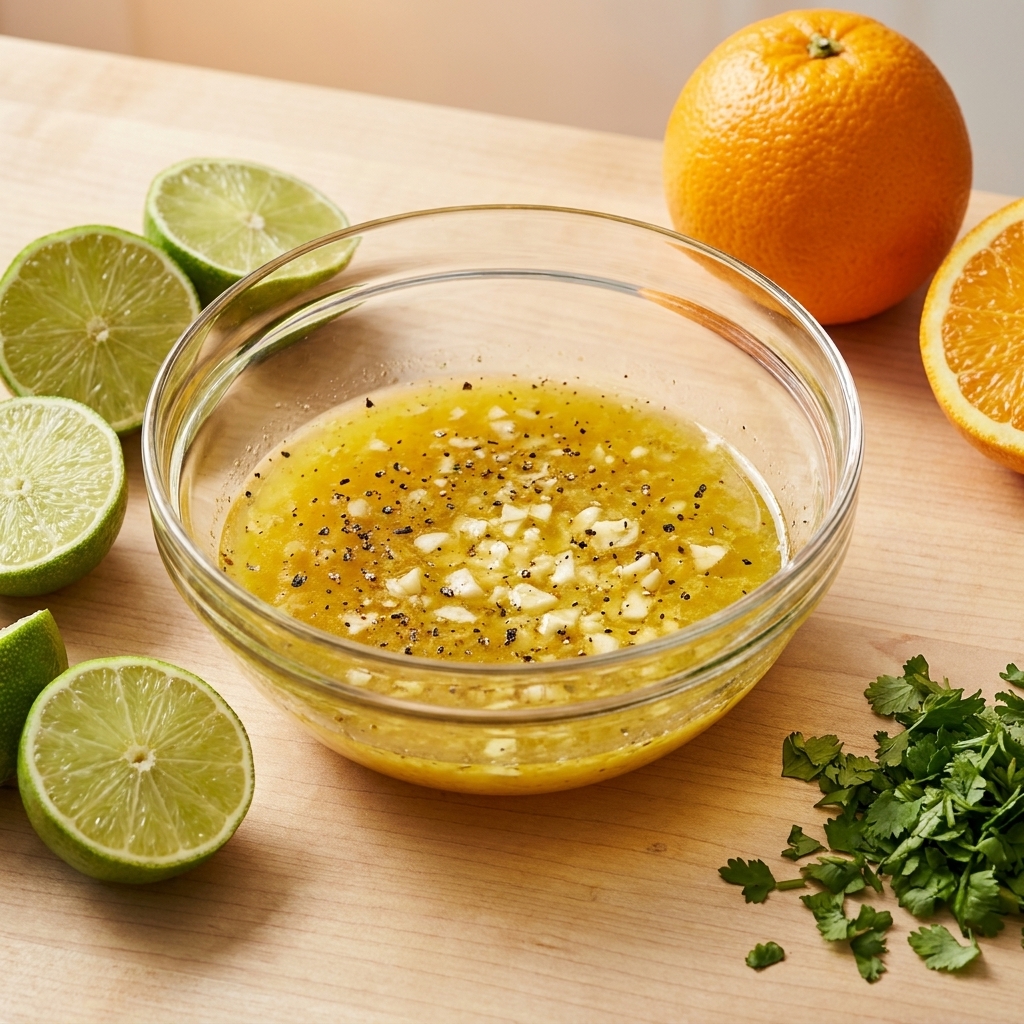 A glass bowl filled with citrus and garlic marinade, with visible minced garlic and black pepper, surrounded by halved limes, an orange, and a small pile of chopped cilantro on a kitchen counter