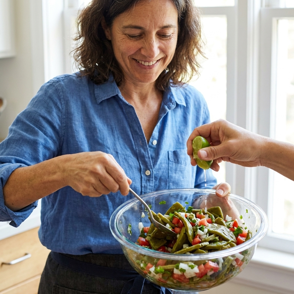 A glass mixing bowl with cooked nopales, diced tomatoes, chopped onion, and cilantro being tossed with lime juice using a spoon