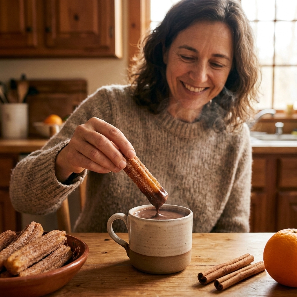 A hand holding a churro over a mug of champurrado on a kitchen table, with steam rising from the drink.
