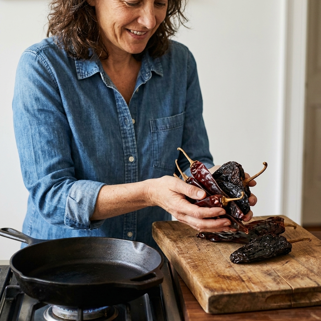 A handful of dried guajillo and ancho chiles on a wooden board next to a skillet, ready to be toasted