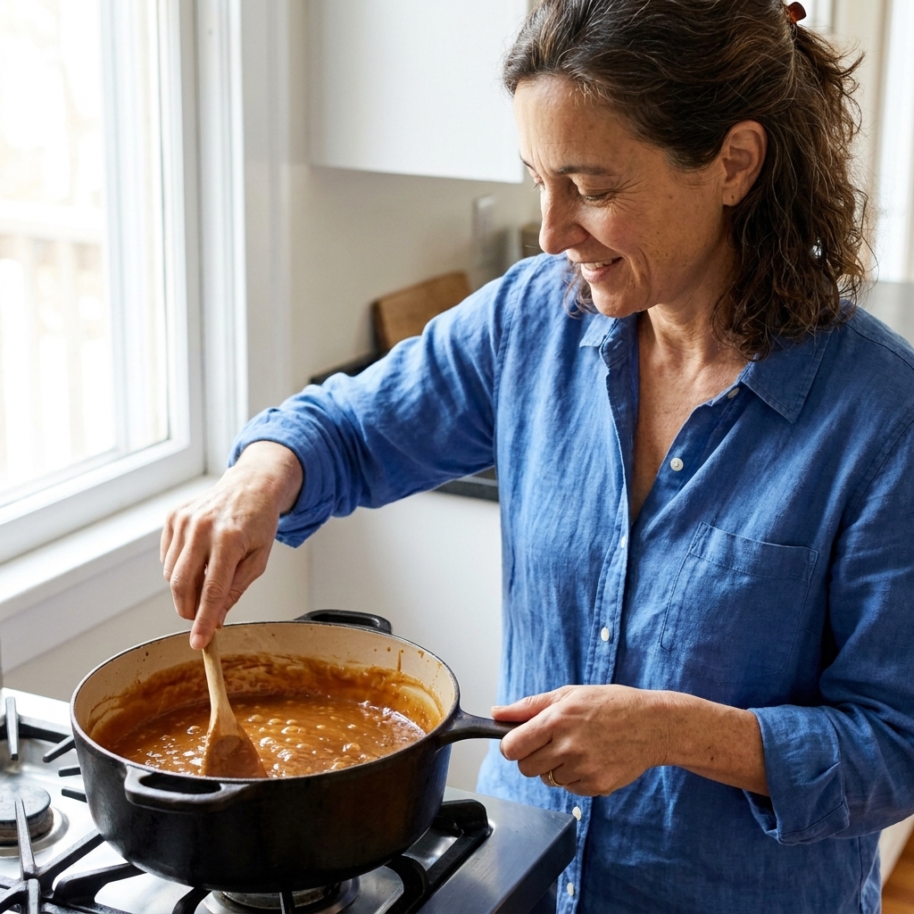 A heavy pot on a stovetop with cajeta bubbling gently, a wooden spoon stirring the thickening caramel as it turns amber-brown