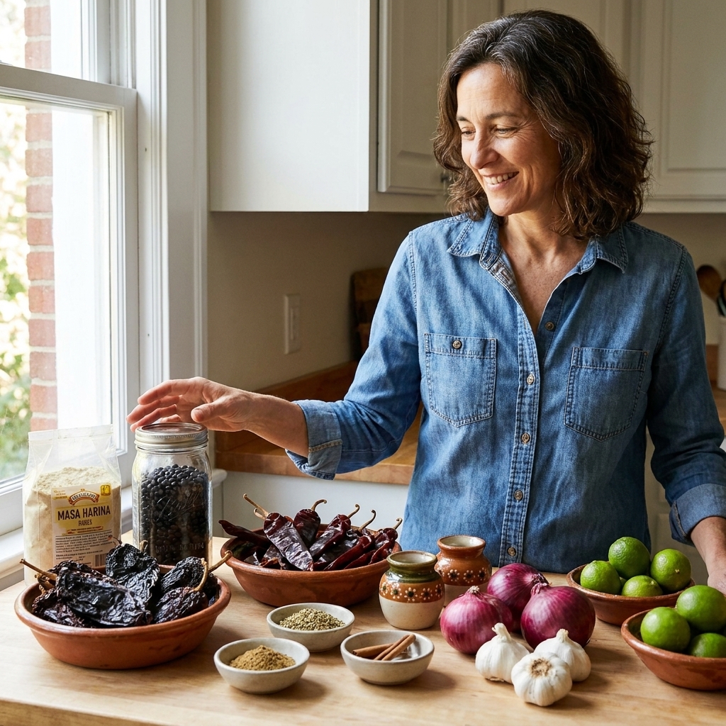 A kitchen counter with Mexican pantry staples including dried chiles, black beans, masa harina, spices, onions, garlic, and limes