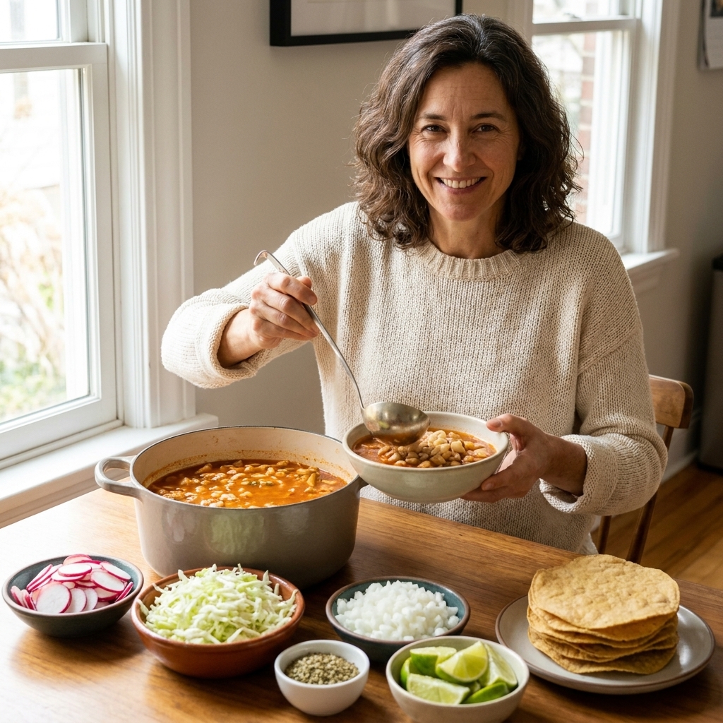 A kitchen table set with bowls of pozole toppings including sliced radishes, shredded cabbage, diced onion, Mexican oregano, lime wedges, and tostadas ready for serving