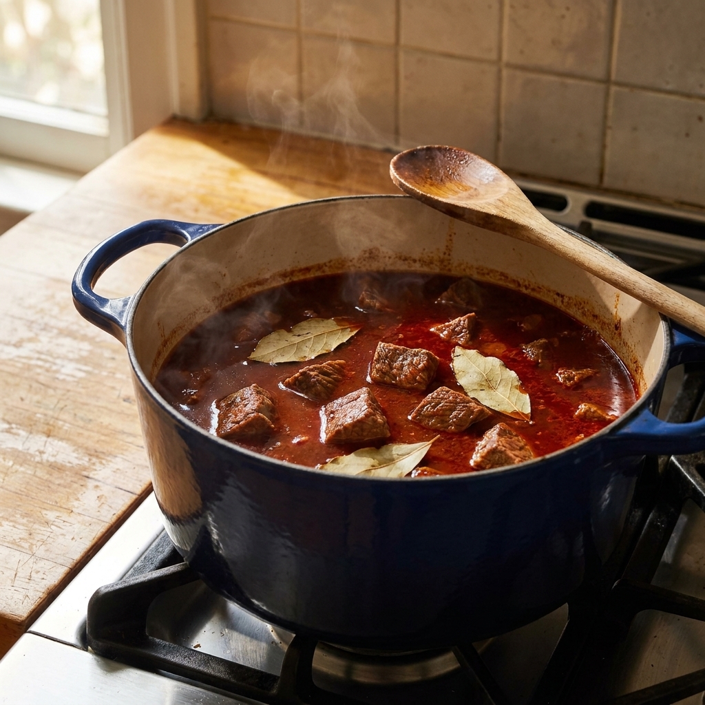 A large Dutch oven on a stovetop with beef simmering in a deep red chile broth, bay leaves floating on top