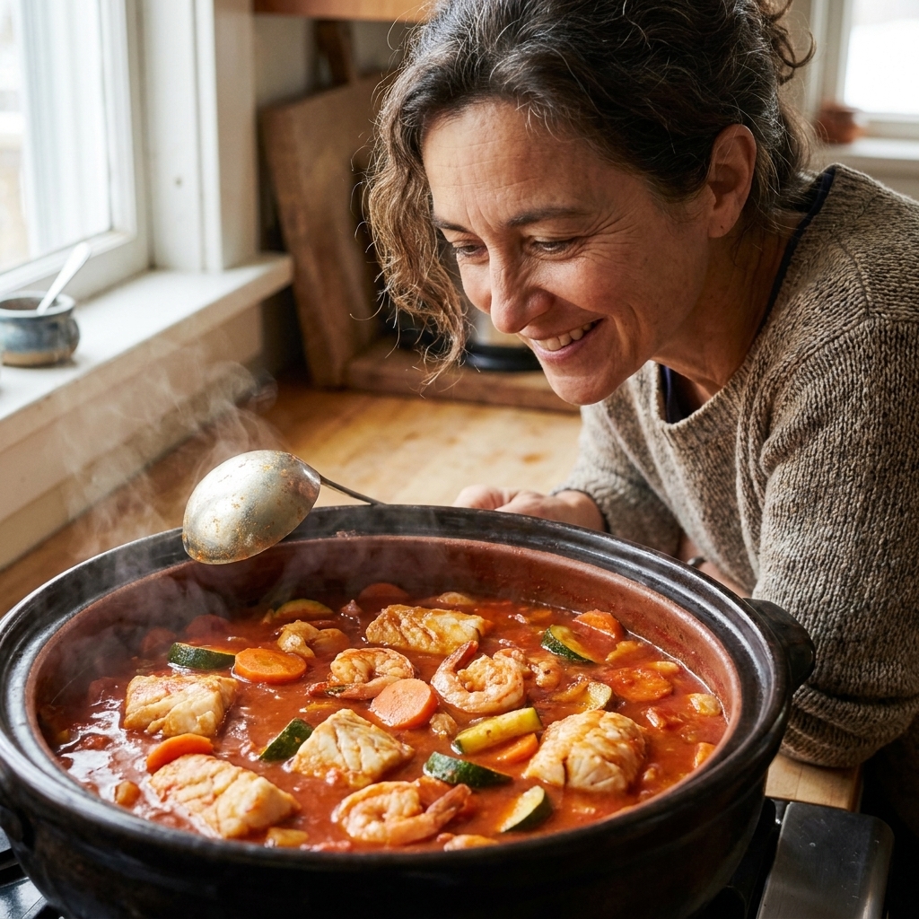 A large pot of red guajillo-tomato seafood stew simmering with shrimp, white fish pieces, carrots, and zucchini, with a ladle resting on the rim