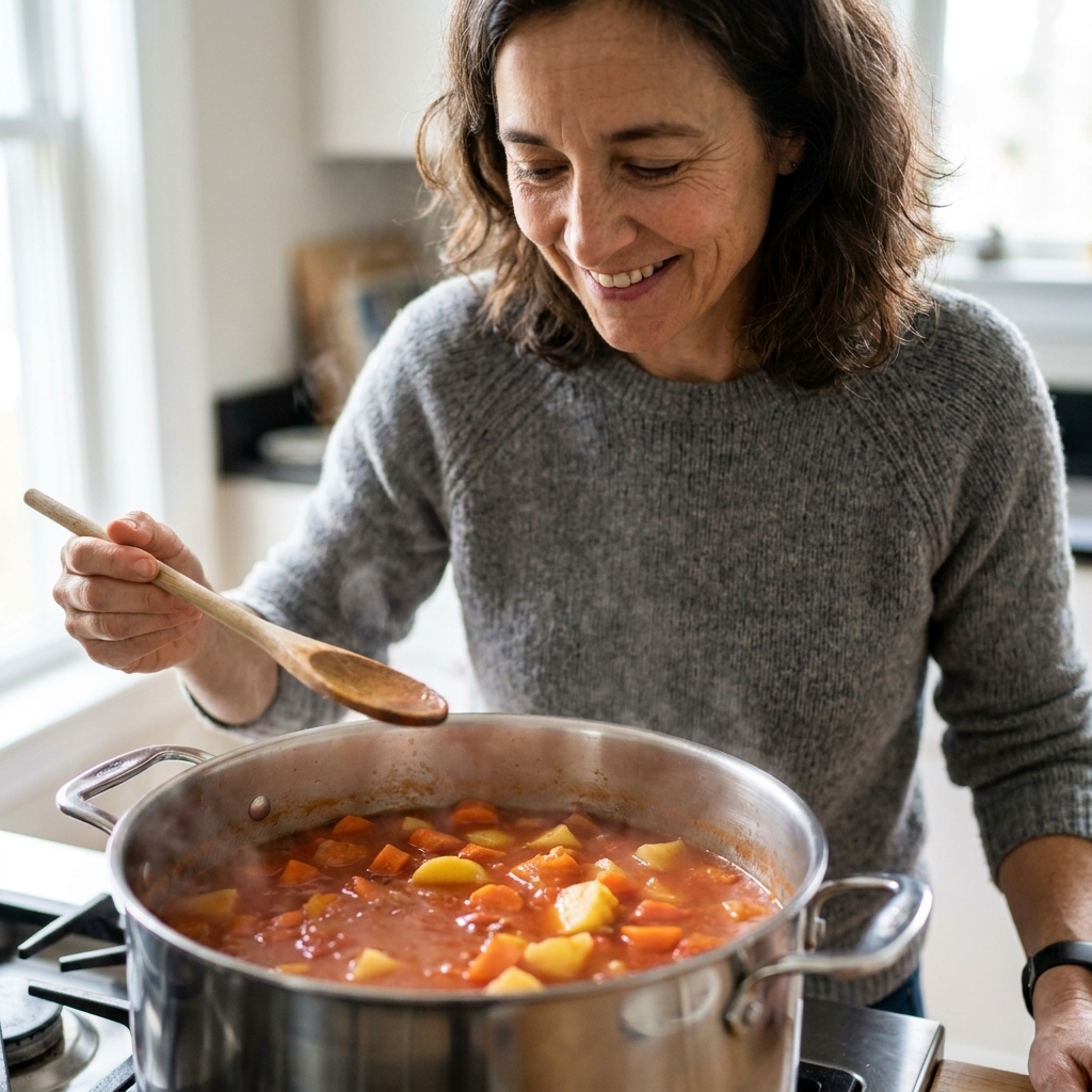 A large pot of tomato-based broth simmering with chunks of carrot and potato, ready for meatballs to be added