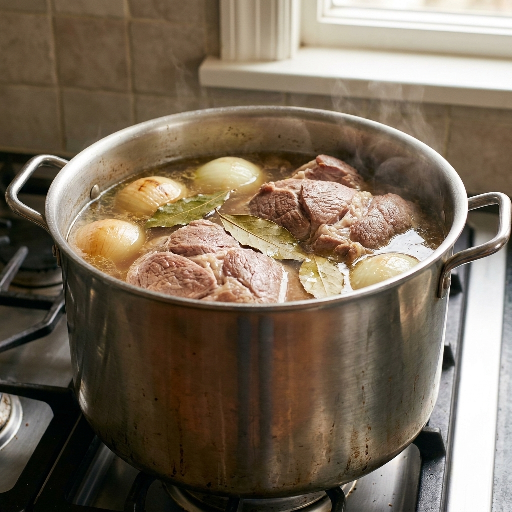 A large pot on the stove with pork shoulder chunks gently simmering in broth with onion and bay leaves